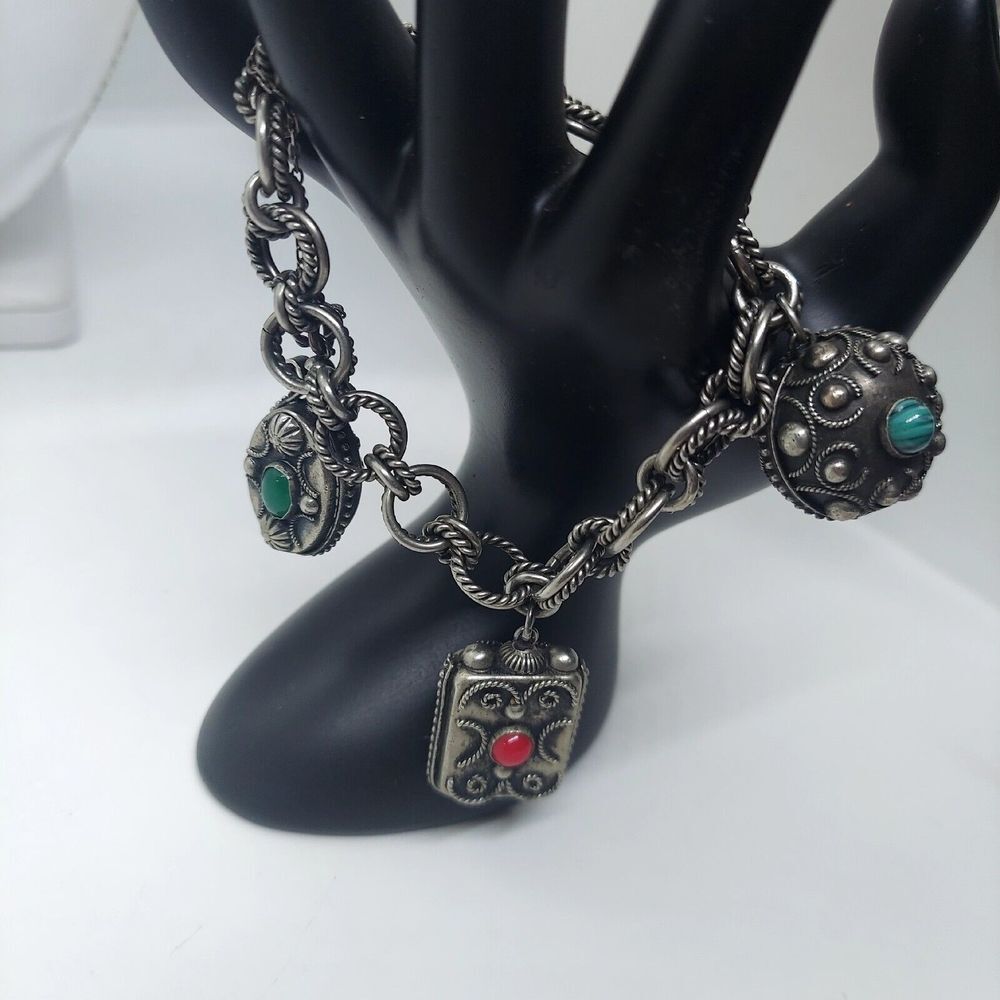 Antique Silver Etruscan Victorian Charm Bracelet